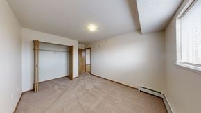 Wetaskiwin apartment for rent - A spacious, empty bedroom here at Birch Terrace with soft beige carpet, light walls, and warm overhead lighting. A large window with blinds brings in natural light, and an open closet with sliding wood doors provides convenient storage.