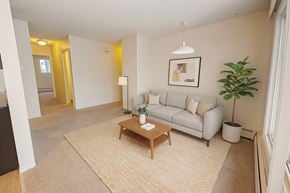 Edmonton apartment for rent - A bright, inviting living room here at Broadmoor with soft beige carpet, a light gray sofa with neutral pillows, and a warm wood coffee table on a textured area rug. A modern pendant light, simple wall art, and a tall green plant add a cozy, airy feel near large windows.