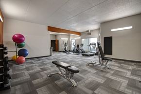Regina apartment for rent - A modern fitness center here at Centre Pointe Plaza featuring a variety of cardio machines, free weights, and workout benches, with bright lighting, sleek flooring, and colorful exercise balls for an energetic, convenient space.