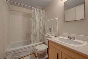 St. Albert apartment for rent - A clean bathroom here at Gateway Gardens featuring a bathtub-shower combo with white tile surround and a patterned shower curtain, paired with a white toilet and a wood vanity with a light countertop beneath a large mirror for a simple, refreshing feel.