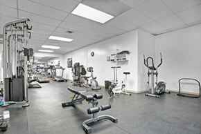 Saskatoon apartment for rent - A spacious fitness center here at Madison Park with a variety of cardio and strength training equipment arranged across durable flooring. Treadmills, exercise bikes, weight machines, and free weights are visible, complemented by bright overhead lighting, mirrors, and clean white walls that create an open, motivating workout environment.