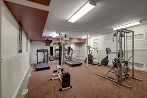 Edmonton apartment for rent - A well-equipped fitness center here at Park Place South featuring a variety of cardio machines, weight equipment, and open floor space, with bright overhead lighting and a functional layout that supports convenient workouts and everyday wellness routines.