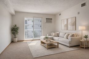 Winnipeg apartment for rent - A bright and modern living room here at Villagio featuring neutral carpet flooring, a light gray sectional sofa with coordinating throw pillows, a wooden coffee table atop a soft area rug, abstract wall art, a floor lamp, indoor plants, and sliding glass doors leading to a private balcony that fills the space with natural light.