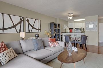 Sacramento apartment for rent - A living room with a grey couch and a coffee table.