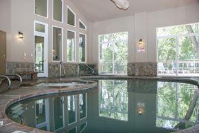 Colorado Springs apartment for rent - A serene indoor pool here at Cheyenne Creek Luxury featuring a curved pool edge with stone detailing, clear reflective water, tall windows that bring in abundant natural light and views of surrounding trees, stone accent walls, metal handrails for easy entry, and a calm, spa-like atmosphere designed for year-round relaxation.