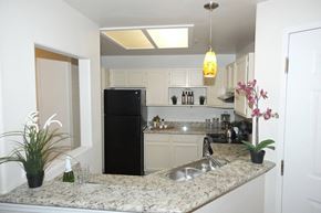 Colorado Springs apartment for rent - A bright contemporary kitchen here at Cheyenne Creek Luxury showcasing white cabinetry, granite-style countertops, a double-basin sink, and a full appliance setup, complemented by pendant lighting, decorative plants, and an open pass-through design that enhances functionality, natural light, and everyday convenience for residents.