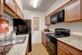 Colorado Springs apartment for rent - A bright galley-style kitchen here at Copper Stone featuring warm wood cabinetry, speckled countertops, a stainless sink, and black appliances arranged for efficient cooking, with wood-look flooring, overhead lighting, simple wall art, and clean lines that create a functional and inviting apartment kitchen space.