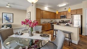 Colorado Springs apartment for rent - A stylish open-concept dining and kitchen area here at Elements at Briargate featuring a glass-top dining table with upholstered chairs, a bright kitchen with warm wood cabinetry, stainless steel appliances, and a peninsula with bar seating, accented by pendant lighting, wood-style flooring, and coordinated décor that creates a welcoming, modern atmosphere.