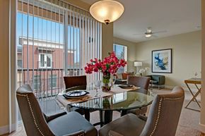 Colorado Springs apartment for rent - A bright dining area here at Elements at Briargate featuring a round glass-top table with upholstered chairs, place settings, and a floral centerpiece, positioned beside tall windows with vertical blinds that fill the space with natural light and offer views of surrounding buildings, with an adjacent living area visible in the background.