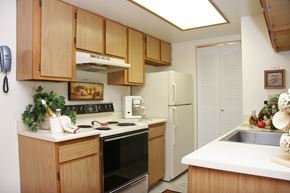 Colorado Springs apartment for rent - A functional kitchen here at Grand View showcasing warm wood cabinetry, white countertops, a full-size refrigerator, range with overhead hood, and a stainless sink, accented by decorative greenery and countertop accessories, with ample storage and bright overhead lighting creating a practical and welcoming cooking space.