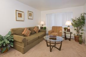 Colorado Springs apartment for rent - A cozy living room here at Hyde Park North Apartments with beige carpet and light neutral walls, featuring a comfortable sofa with accent pillows, a patterned armchair, and a glass-top coffee table. Table lamps, framed wall art, vertical blinds, and potted plants add warmth and a welcoming, home-like feel to the space.