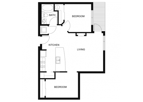 Floor plan for 1 bed, 1 bath, 889 sqft