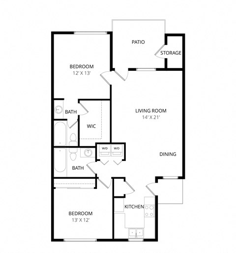 Floor plan for 2 beds, 2 baths, 945 sqft