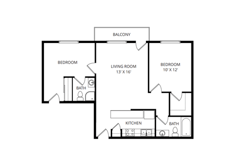 Floor plan for 2 beds, 2 baths, 724 sqft