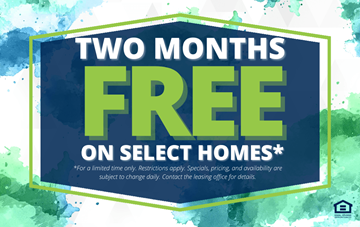Tukwila apartment for rent - A promotional image offering two months free on select homes.