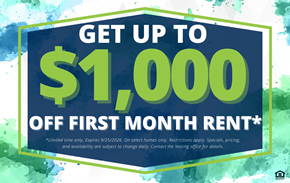 Watford City apartment for rent - A promotional image offering up to $1,000 off the first month's rent.