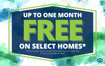 Renton apartment for rent - A promotional image advertising up to one month free on select homes.