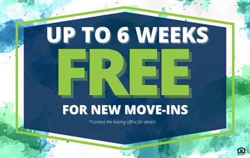Tukwila apartment for rent - A promotional image offering up to 6 weeks free for new move-ins.