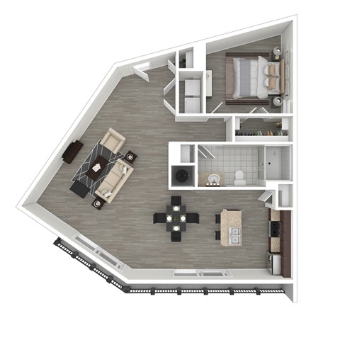Floor plan for 1 bed, 1 bath, 961 sqft