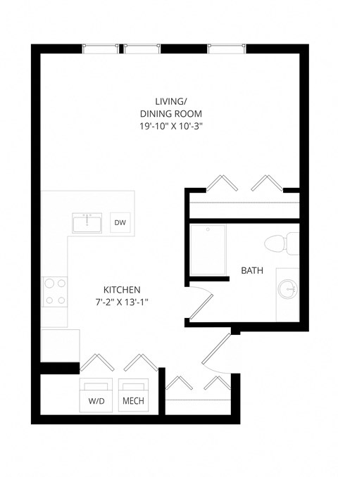 Floor plan for studio, 1 bath, 550 sqft