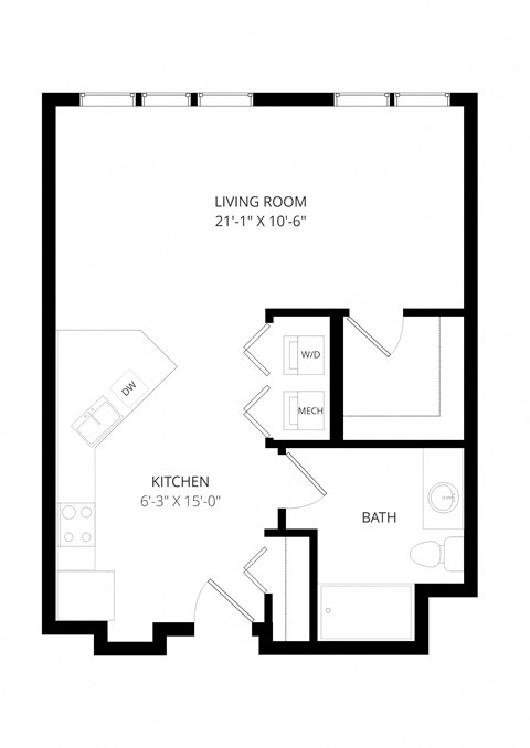 Floor plan for studio, 1 bath, 613 sqft