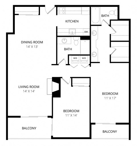 Floor plan for 2 beds, 2 baths, 1200 sqft