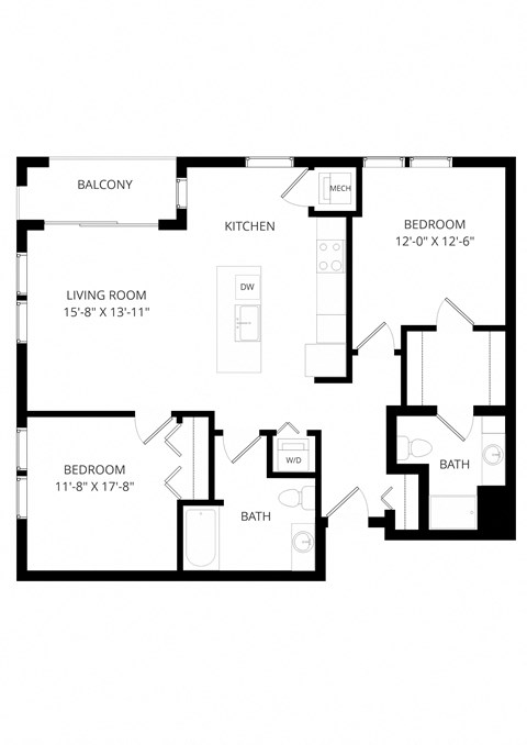 Floor plan for 2 beds, 2 baths, 1094 sqft