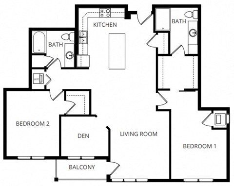 Floor plan for 2 beds, 2 baths, 1379 sqft