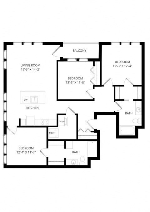 Floor plan for 3 beds, 2 baths, 1340 sqft