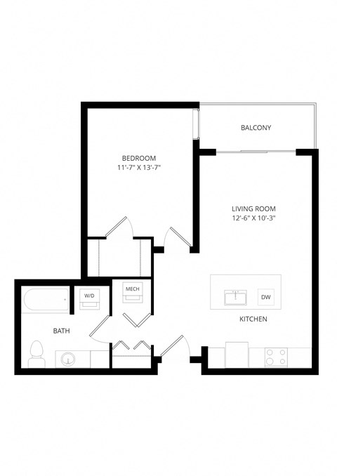 Floor plan for 1 bed, 1 bath, 695 sqft