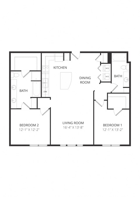 Floor plan for 2 beds, 2 baths, 1288 sqft
