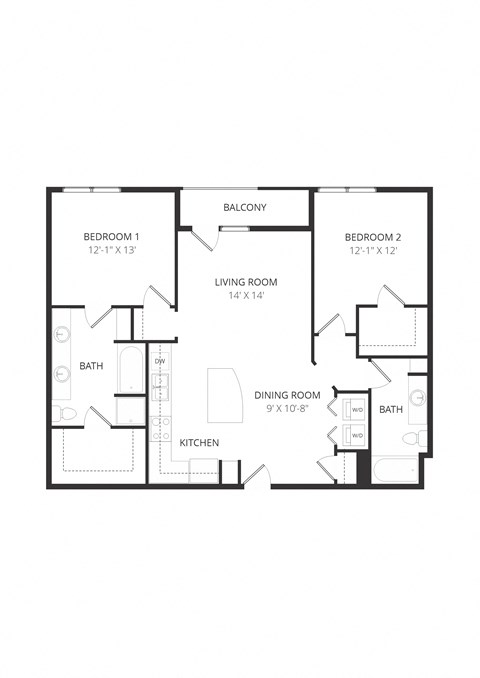 Floor plan for 2 beds, 2 baths, 1231 sqft