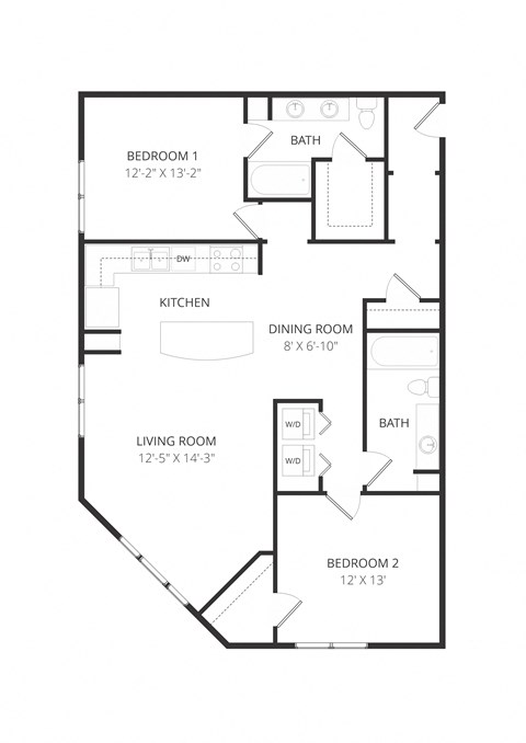 Floor plan for 2 beds, 2 baths, 1306 sqft