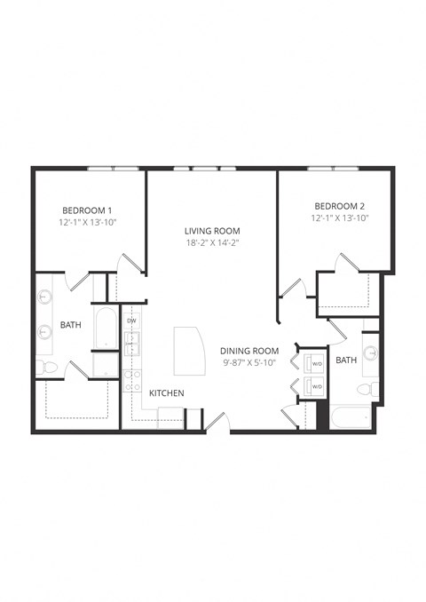 Floor plan for 2 beds, 2 baths, 1352 sqft