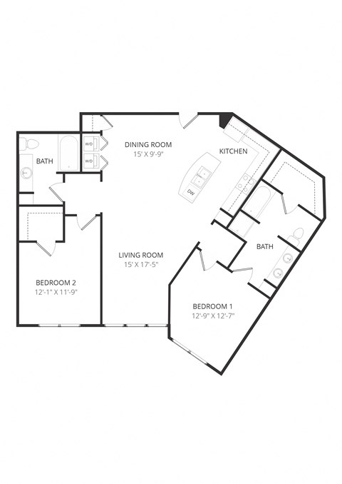 Floor plan for 2 beds, 2 baths, 1310 sqft