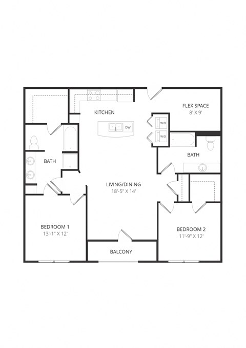 Floor plan for 2 beds, 2 baths, 1341 sqft