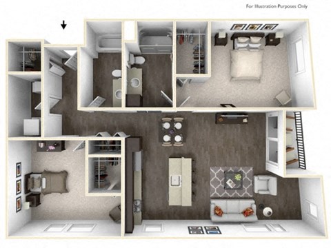 Floor plan for 2 beds, 2 baths, 1227 sqft