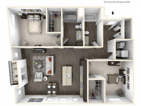 Floor plan for 2 beds, 2 baths, 1227 sqft