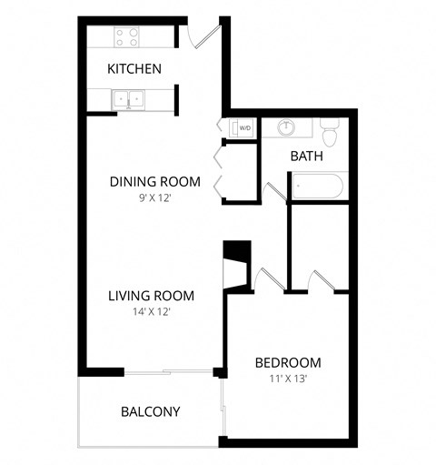 Floor plan for 1 bed, 1 bath, 710 sqft