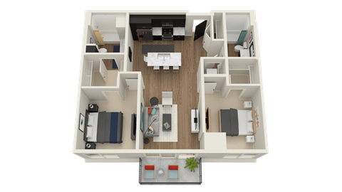 Floor plan for 2 beds, 2 baths, 999 sqft