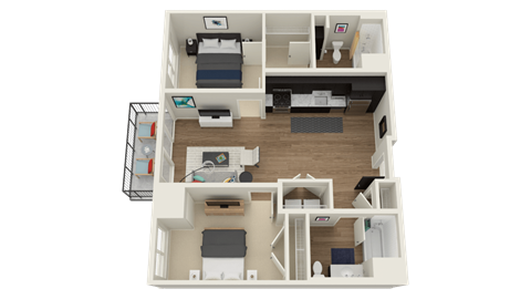 Floor plan for 2 beds, 2 baths, 999 sqft