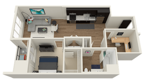 Floor plan for 1 bed, 1 bath, 852 sqft