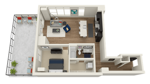 Floor plan for 1 bed, 1 bath, 908 sqft