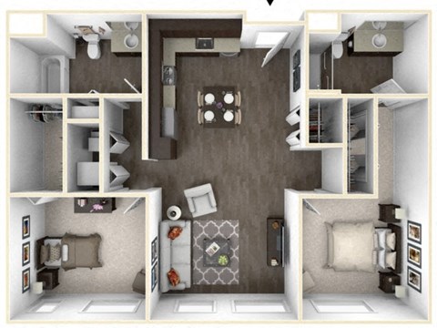 Floor plan for 2 beds, 2 baths, 1070 sqft