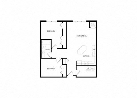 Floor plan for 2 beds, 1 bath, 966 sqft