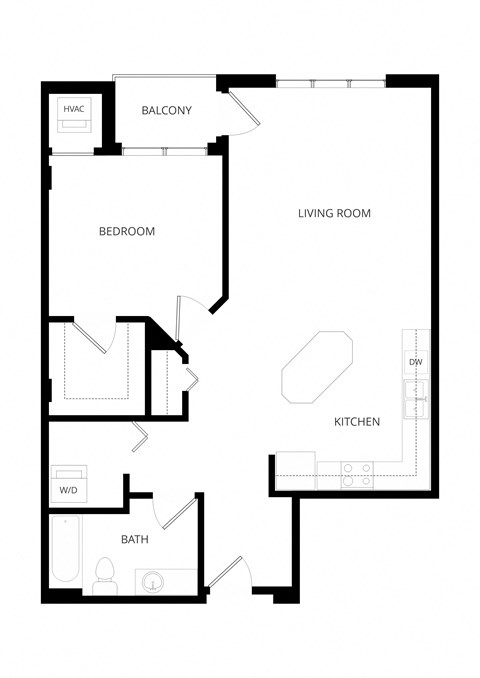 Floor plan for 1 bed, 1 bath, 855 sqft
