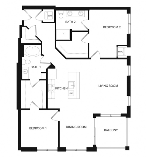 Floor plan for 2 beds, 2 baths, 1257 sqft