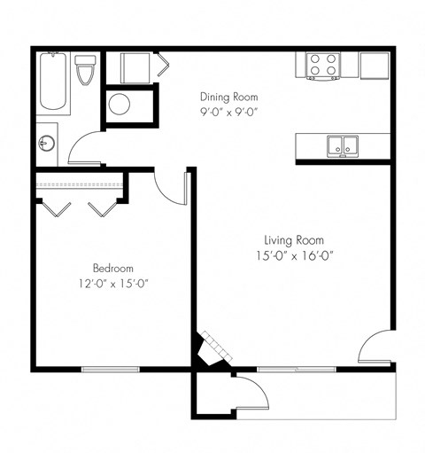 Floor plan for 1 bed, 1 bath, 710 sqft