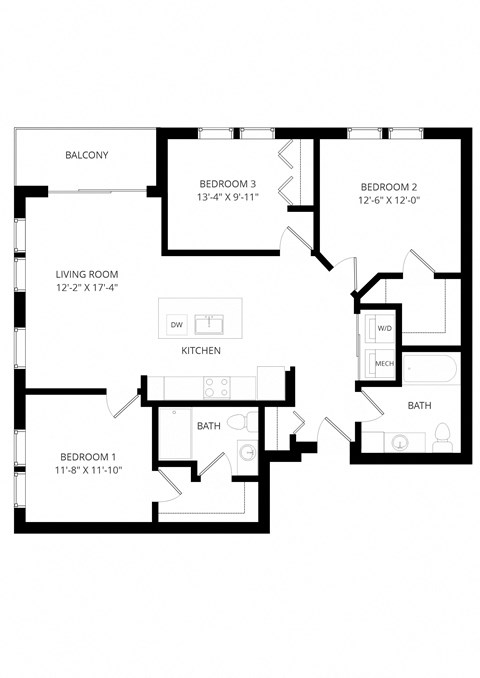 Floor plan for 3 beds, 2 baths, 1218 sqft