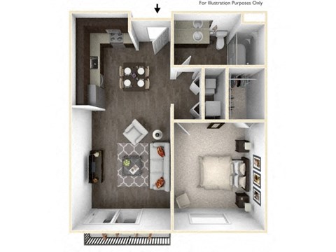 Floor plan for 1 bed, 1 bath, 709 sqft